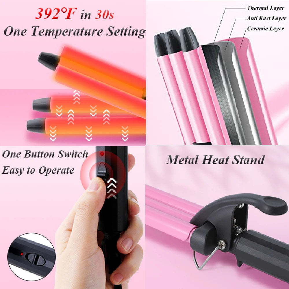 Mini Three-Barrel Ceramic Tourmaline Hair Curler 13mm Travel Waves