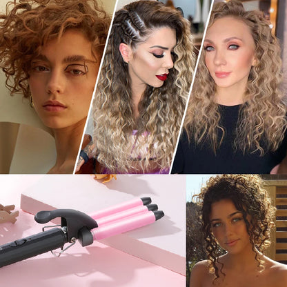 Mini Three-Barrel Ceramic Tourmaline Hair Curler 13mm Travel Waves