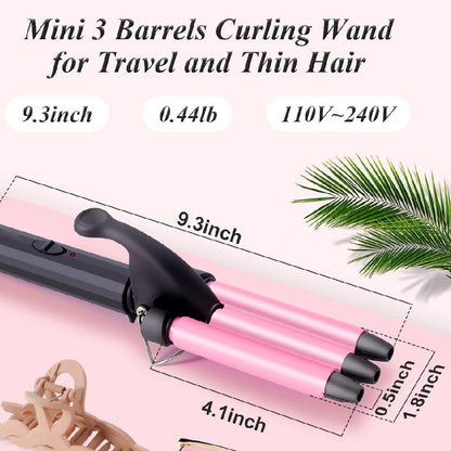 Mini Three-Barrel Ceramic Tourmaline Hair Curler 13mm Travel Waves