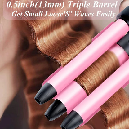Mini Three-Barrel Ceramic Tourmaline Hair Curler 13mm Travel Waves