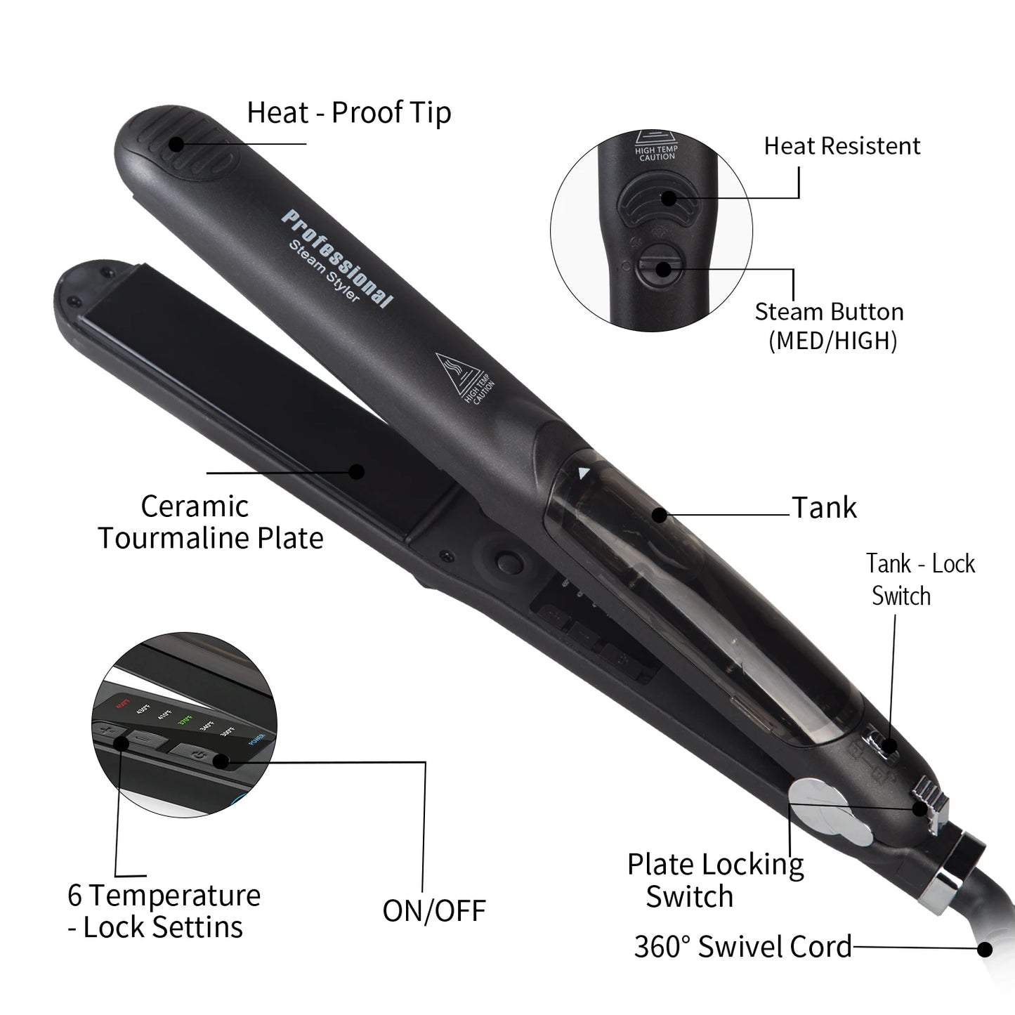 Professional Steam Ceramic Hair Straightener 450°F Fast Heating Flat Iron