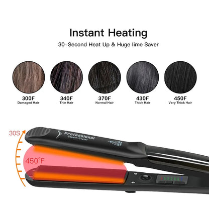 Professional Steam Ceramic Hair Straightener 450°F Fast Heating Flat Iron