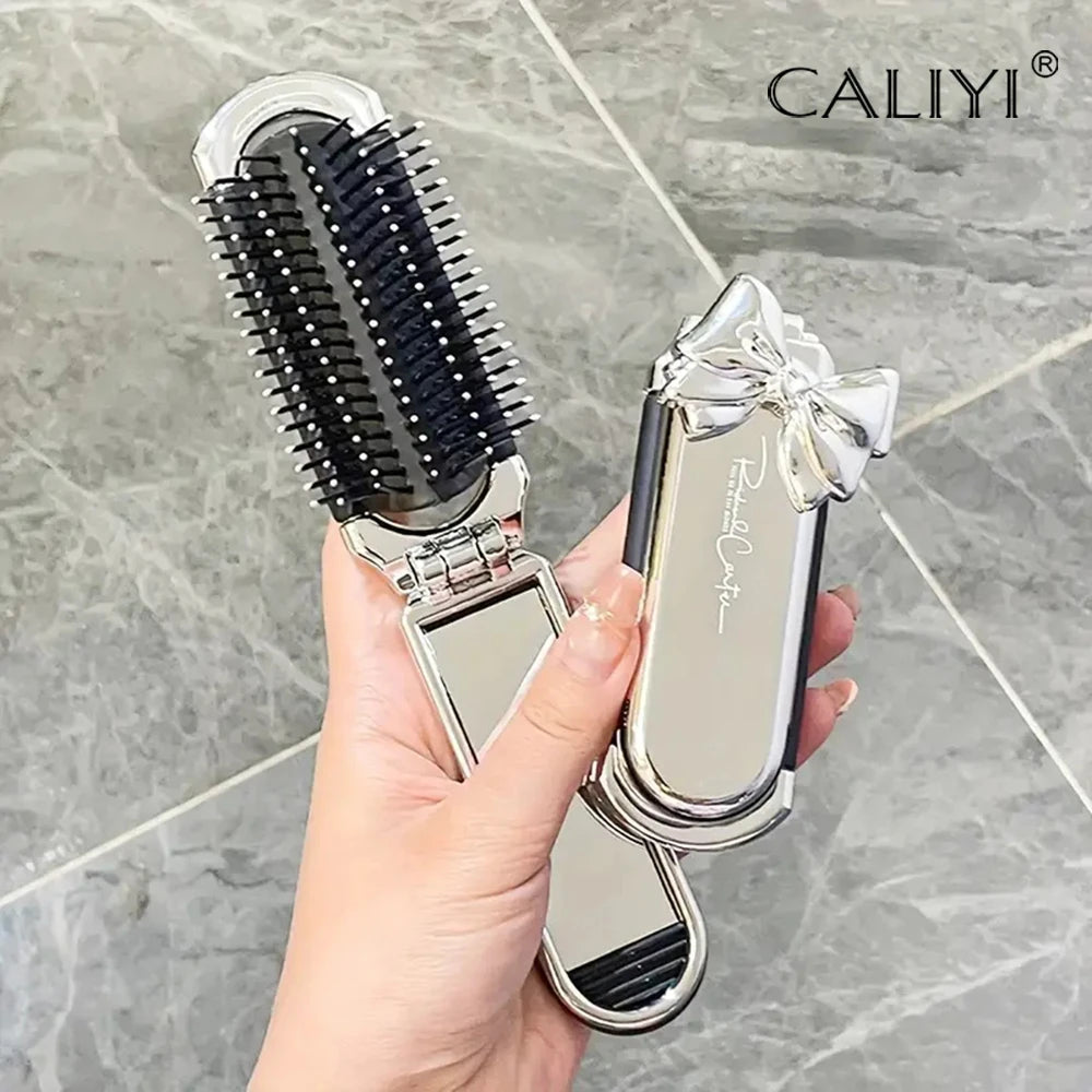 Folding Mini Pocket Hair Comb with Mirror Portable Styling Brush