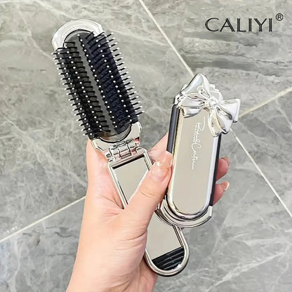Folding Mini Pocket Hair Comb with Mirror Portable Styling Brush