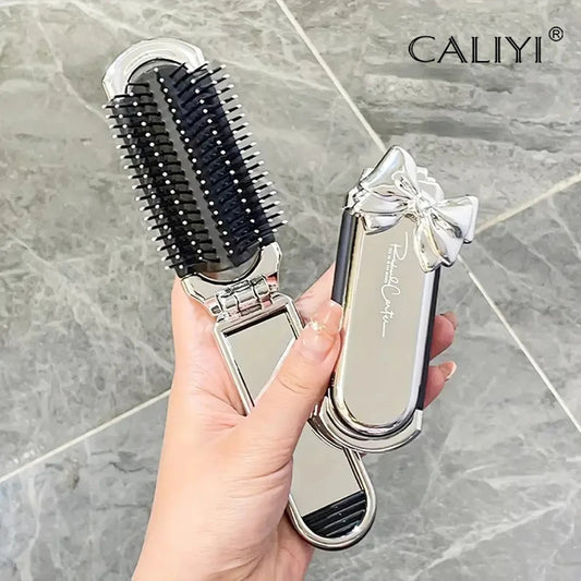 Folding Mini Pocket Hair Comb with Mirror Portable Styling Brush