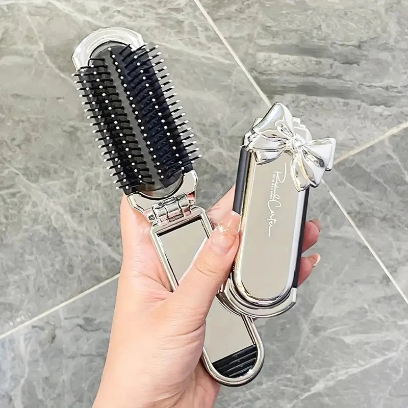 Folding Mini Pocket Hair Comb with Mirror Portable Styling Brush
