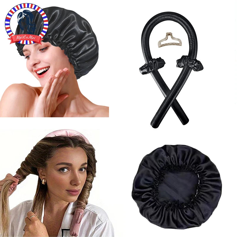 Heat-Free Satin Hair Curler and Silk Sleeping Cap Set