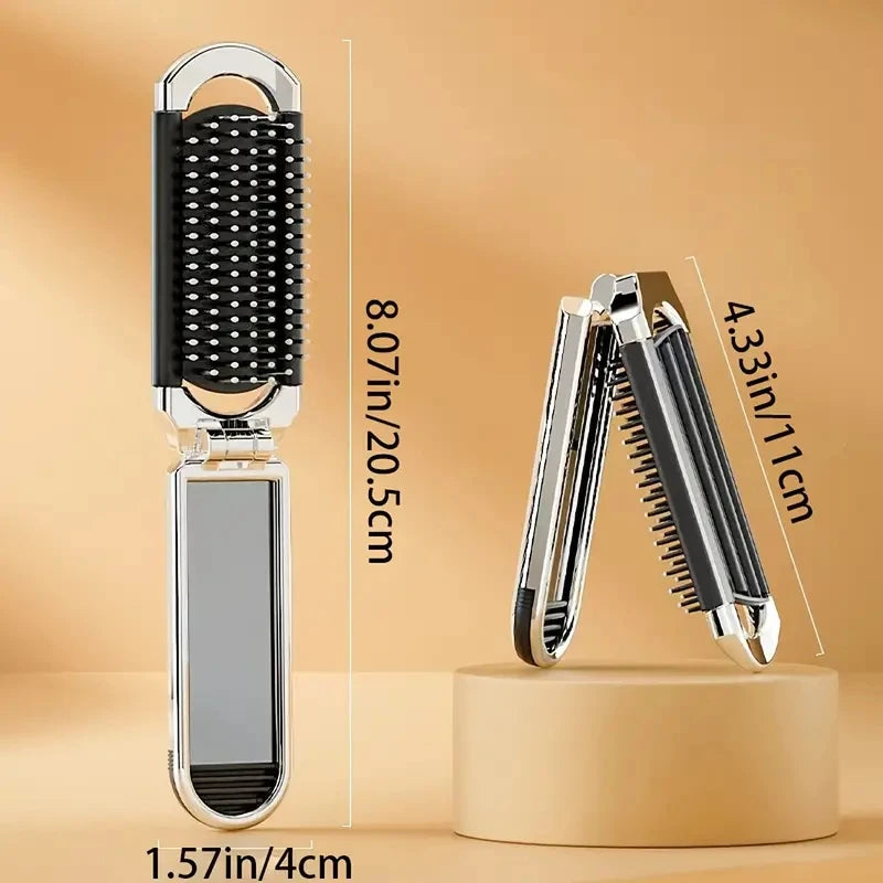 Folding Mini Pocket Hair Comb with Mirror Portable Styling Brush