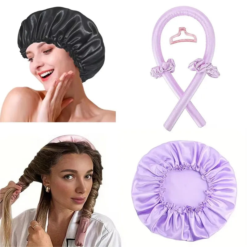 Heat-Free Satin Hair Curler and Silk Sleeping Cap Set