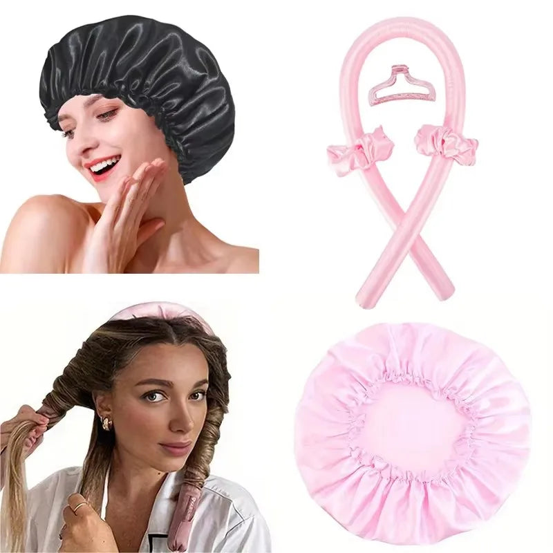 Heat-Free Satin Hair Curler and Silk Sleeping Cap Set