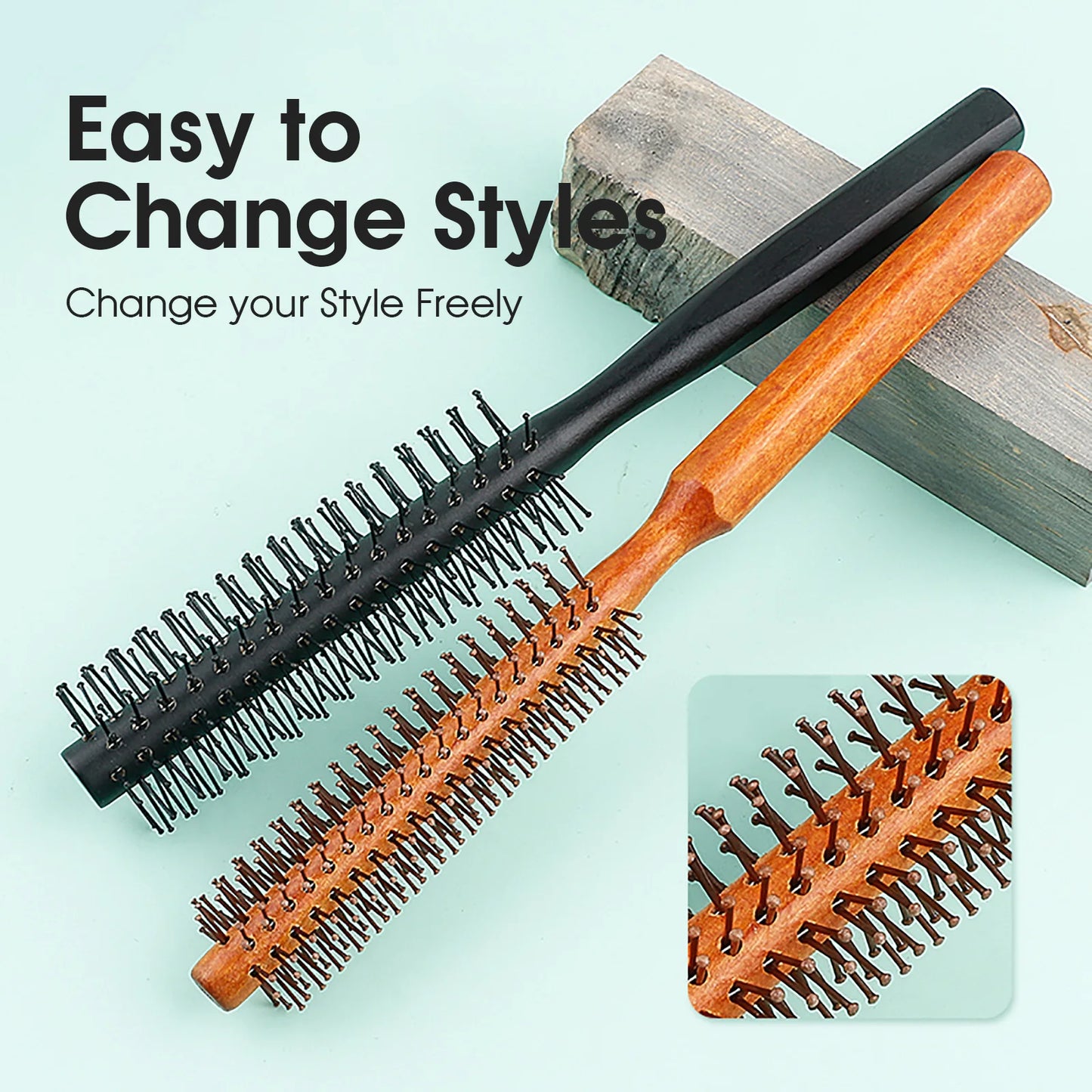 Wooden Handle Circular Nylon Brush for Curling, Volume, and Styling