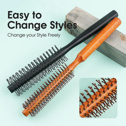Wooden Handle Circular Nylon Brush for Curling, Volume, and Styling