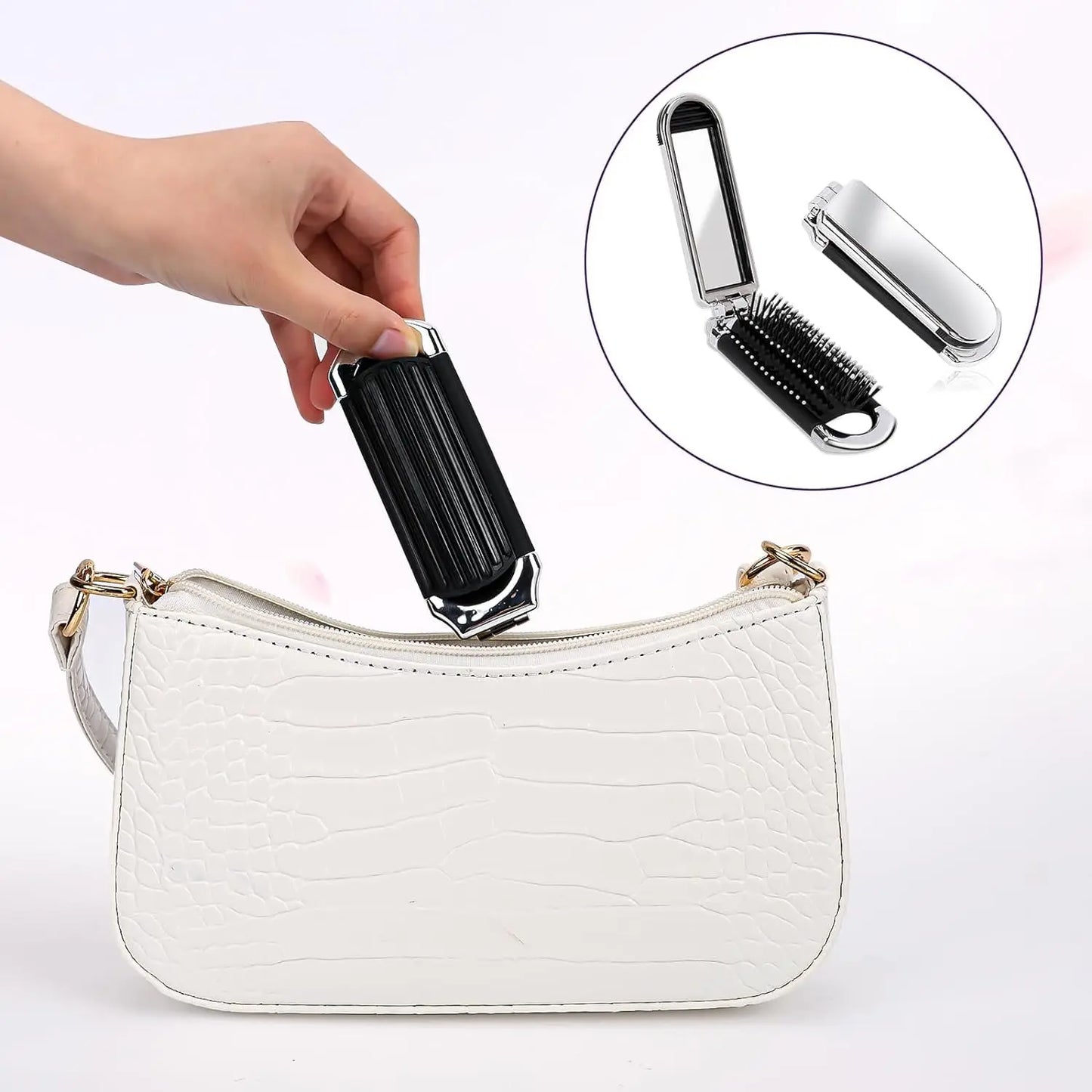 Folding Mini Pocket Hair Comb with Mirror Portable Styling Brush