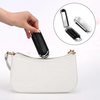 Folding Mini Pocket Hair Comb with Mirror Portable Styling Brush