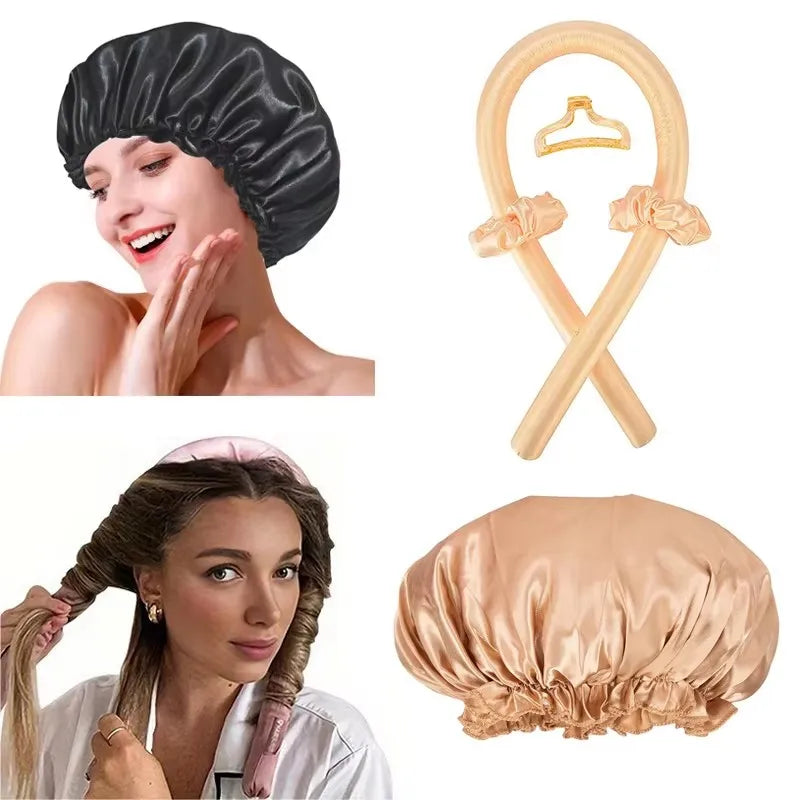Heat-Free Satin Hair Curler and Silk Sleeping Cap Set