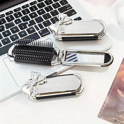 Folding Mini Pocket Hair Comb with Mirror Portable Styling Brush